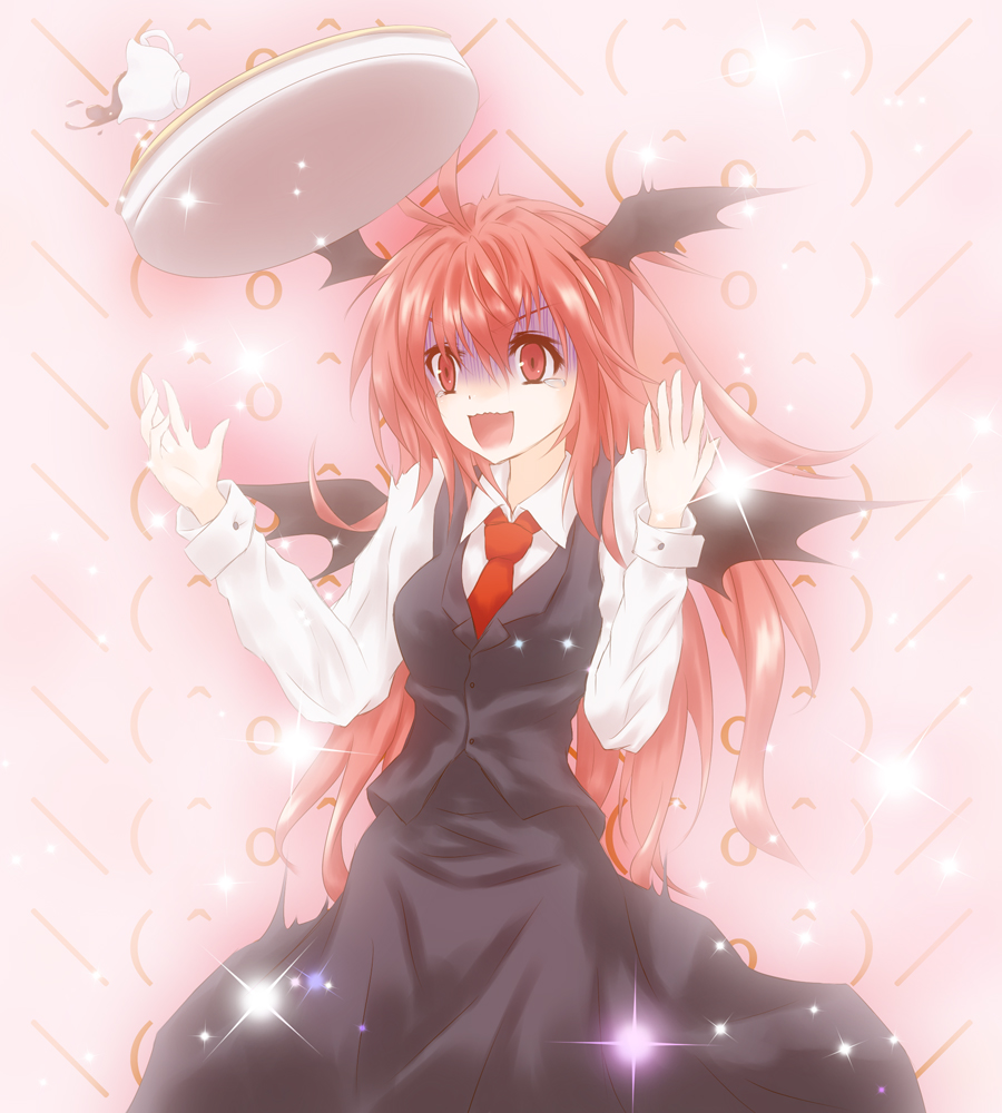 \(^o^)/ antenna_hair bat_wings blush breasts cup dress_shirt dropping emoticon hands_up head_wings kamumiya koakuma long_hair long_sleeves necktie open_mouth pink_background red_eyes red_hair redhead scared shirt skirt skirt_set solo sparkle spilling teacup tears touhou tray turn_pale vest white_shirt wings