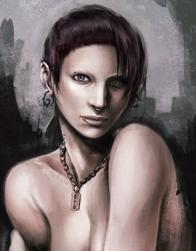 1girl bust earrings eyebrow_piercing face jewelry lip_piercing lisbeth_salander necklace nidoro nose_piercing piercing rooney_mara solo the_girl_with_the_dragon_tattoo topless