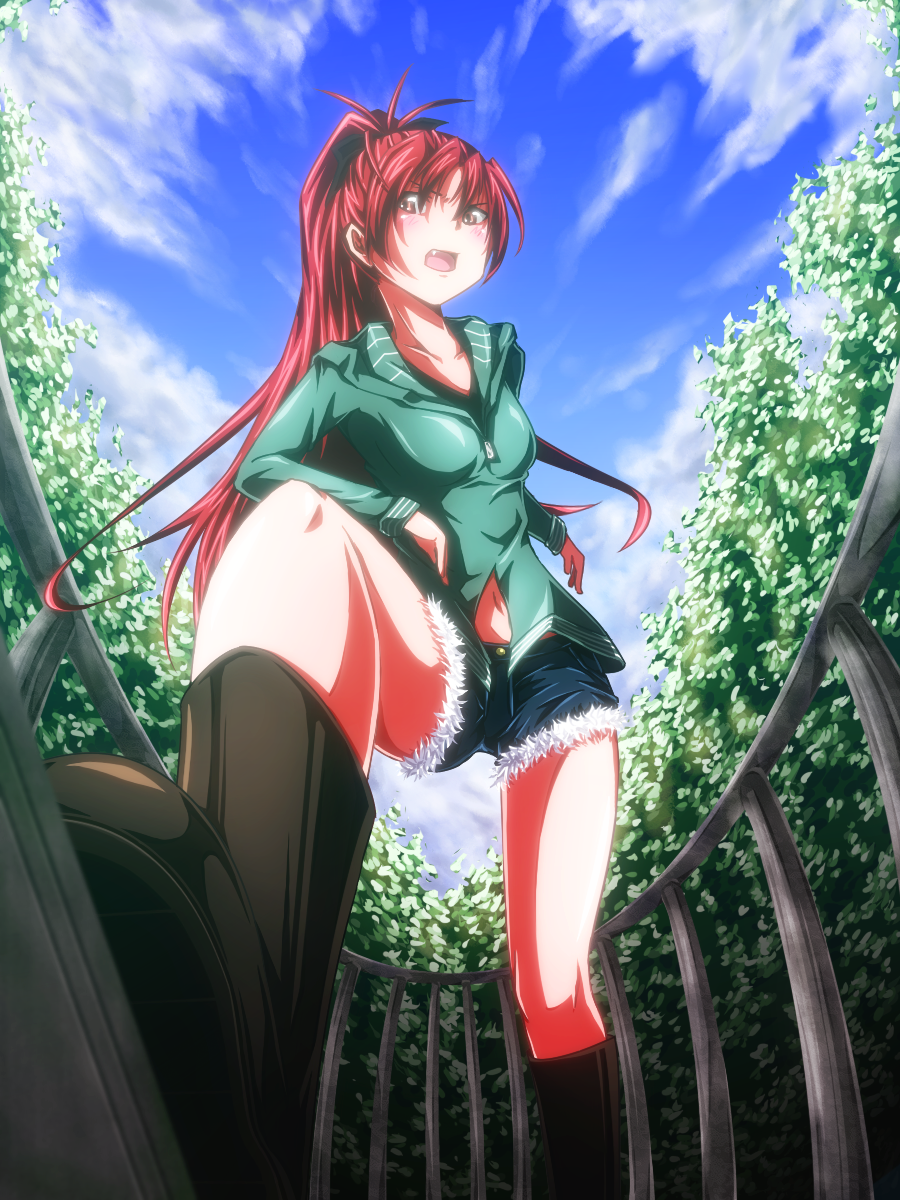 blue_sky blush casual cloud clouds denim denim_shorts fang fence from_below highres mahou_shoujo_madoka_magica navel open_mouth ponytail red_hair redhead sakura_kyouko shorts sky solo tree xxxx