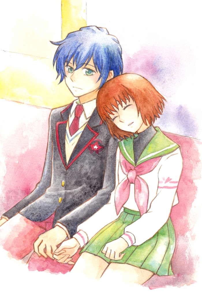 1girl blazer blue_hair brown_hair green_eyes head_on_shoulder mawaru_penguindrum necktie oginome_ringo paint_(medium) school_uniform short_hair shoulder_rest sleeping starrysky333 takakura_shouma traditional_media