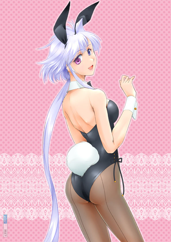 animal_ears ass back_seamed_legwear blue_hair bowtie bunny_ears bunny_tail bunnysuit detached_collar from_behind heterochromia lavolpe_(yagisaka_seto) long_hair looking_back original pantyhose payot rabbit_ears signature tail wrist_cuffs yagisaka_seto