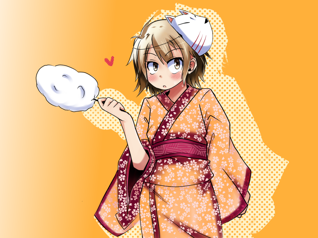 blush brown_eyes brown_hair cotton_candy heart hua japanese_clothes kimono mask trap yoshii_akihisa