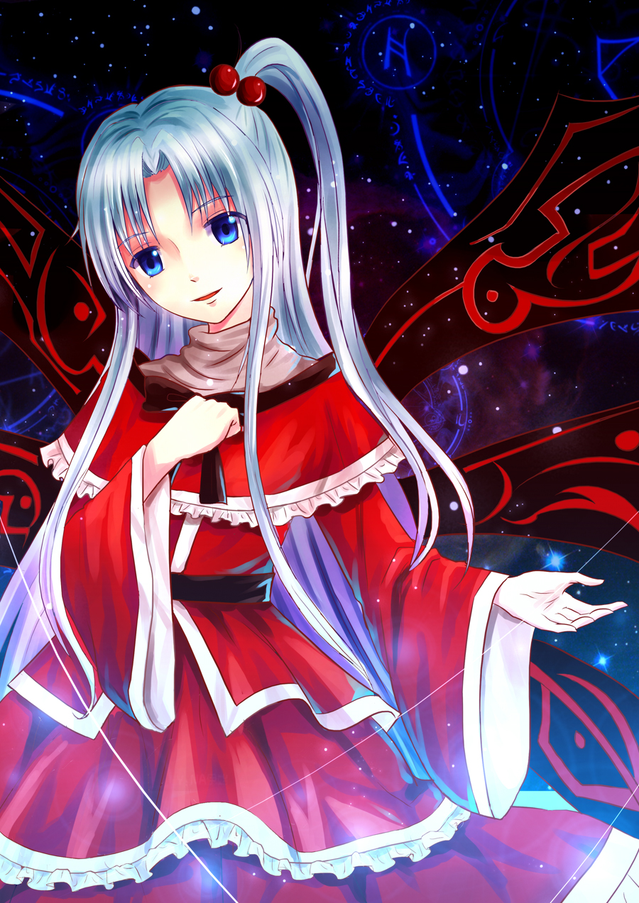 blue_eyes capelet dress goddess hair_bobbles hair_ornament highres long_hair magic_circle neko_kuriya open_mouth shinki side_ponytail silver_hair smile solo star_(sky) touhou wings