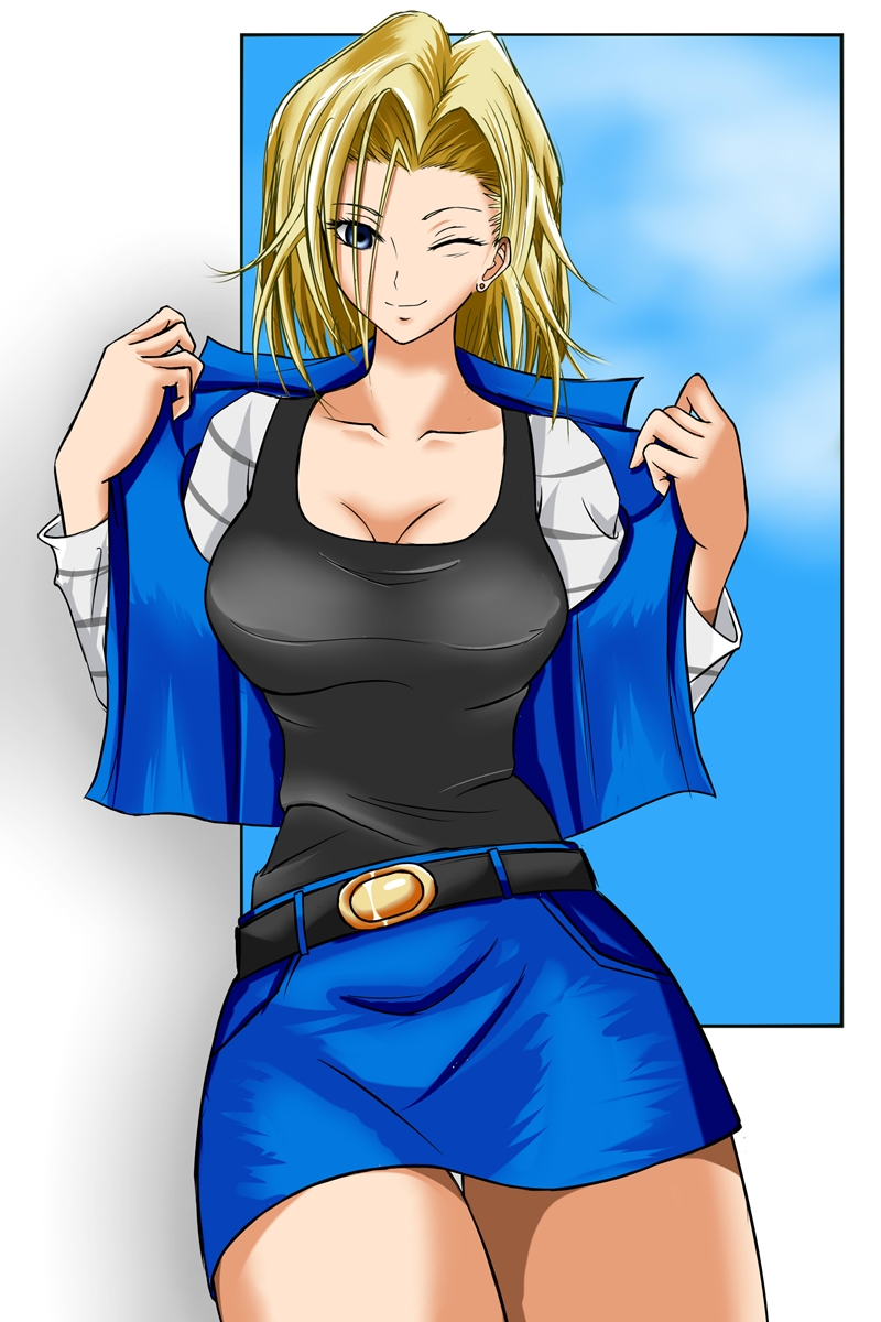 1girl android_18 belt blonde_hair blue_eyes breasts cleavage collarbone dragon_ball dragon_ball_z earrings highres jacket jewelry large_breasts marishiten miniskirt no_legwear skirt smile solo thigh_gap wink