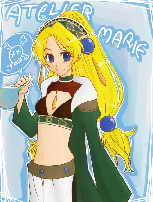 atelier_(series) atelier_marie_alchemist_of_salburg bad_id blonde_hair blue_eyes flask hair_ornament jewelry jewerly long_hair marie_(atelier) navel round-bottom_flask solo title_drop yuusuke_(1220622)