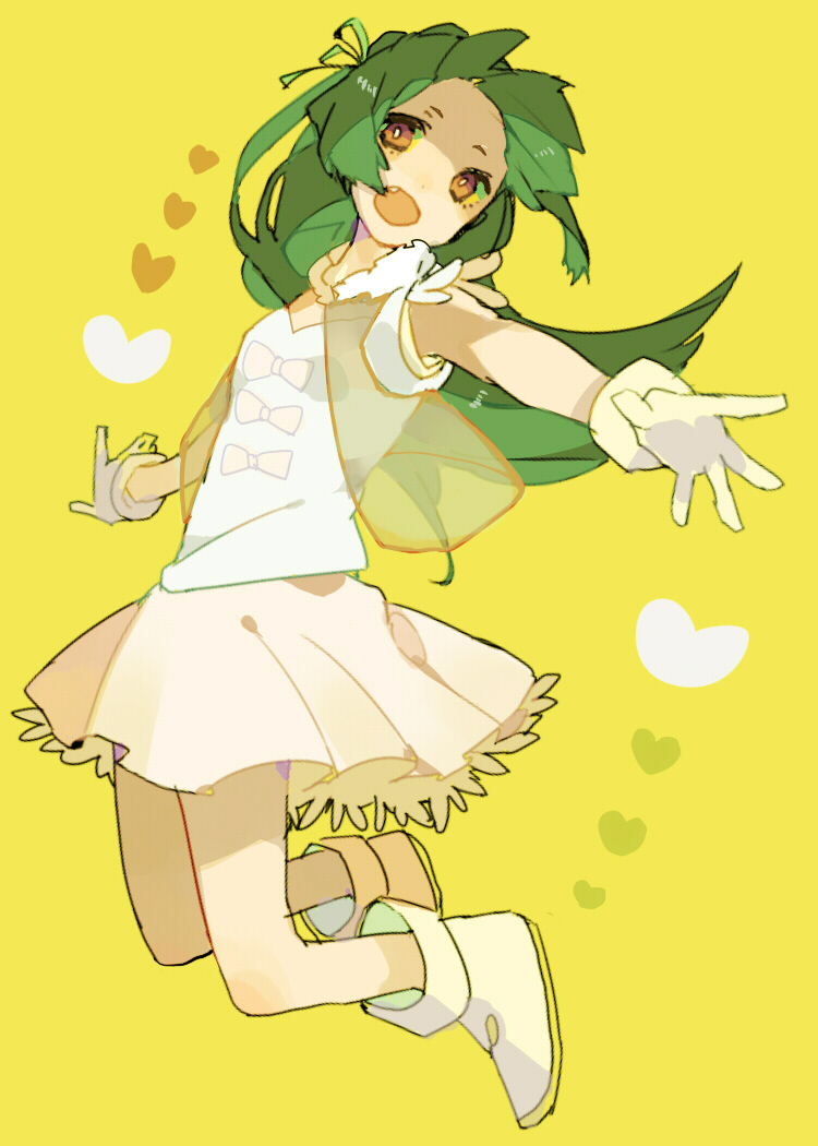 bolero boots brown_eyes c.c._lemon c.c._lemon_(character) fang fur_trim ganmo_(rakkasann) gloves green_hair hair_ribbon heart jumping long_hair looking_at_viewer open_mouth outstretched_arms outstretched_hand ribbon see-through simple_background skirt sleeveless smile solo spread_arms vest white_gloves yellow_background yellow_sclera