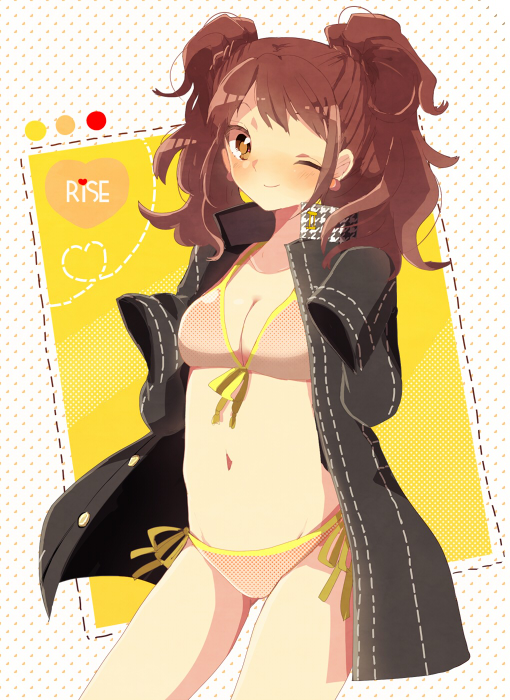 bikini breasts brown_hair cleavage earrings front-tie_top jacket jewelry kujikawa_rise nakana navel open_clothes open_jacket persona persona_4 side-tie_bikini sleeves_past_wrists smile solo swimsuit twintails wink