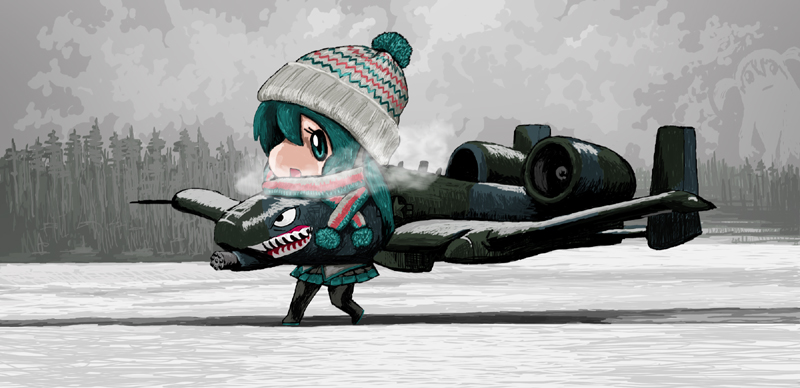a-10 airplane beanie breath green_eyes green_hair hat hatsune_miku rxjx scarf snow solo vocaloid winter