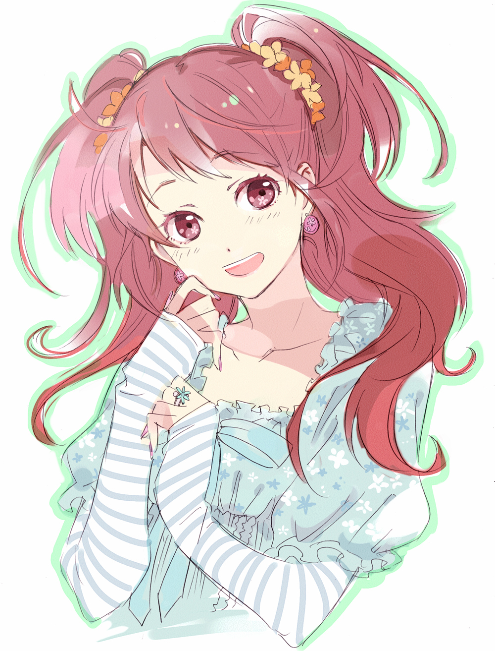 bad_id bust collarbone colored_eyelashes earrings face floral_print flower hair_flower hair_ornament highres jewelry kujikawa_rise long_hair long_sleeves looking_at_viewer moroheso nail_polish open_mouth outline persona persona_4 puffy_sleeves red_eyes red_hair redhead ring simple_background smile solo striped twintails white_background