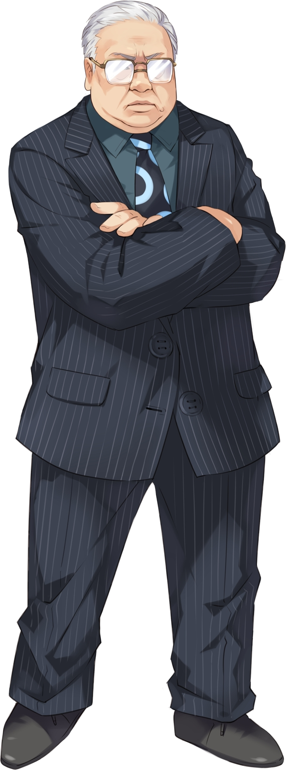 akudaijin arms_over_chest choujigen_game_neptune crossed_arms formal frown glases glasses grey_hair highres kami_jigen_game_neptune_v male necktie official_art old_man opaque_glasses pants pinstripe_pattern pinstripe_suit short_hair solo suit transparent_background tsunako white_legwear