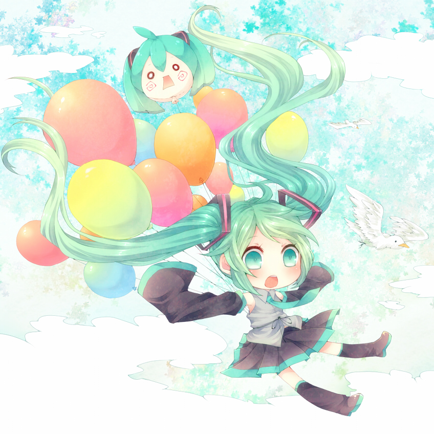 balloon bird detached_sleeves flying green_eyes green_hair hachune_miku hatsune_miku long_hair necktie niwako open_mouth skirt sky sleeves_past_wrists solo thigh-highs thighhighs twintails very_long_hair vocaloid