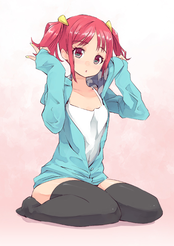 :&lt; black_legwear copyright_request hooded_jacket maeda_risou nail_polish no_pants open_mouth red_eyes red_hair redhead short_twintails sitting sleeves_past_wrists solo tank_top thigh-highs thighhighs twintails wariza