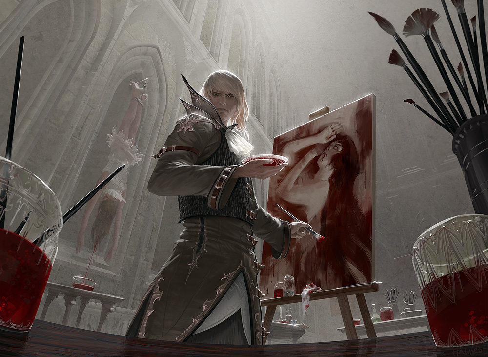 1girl art_brush barefoot belt blood blood_artist corpse cravat death from_below hanging hook johannes_voss looking_at_viewer magic:_the_gathering official_art paintbrush painting perspective realistic standing upside-down white_hair