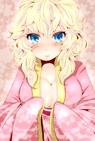 blonde_hair blue_eyes blush breasts bust cleavage japanese_clothes kimono large_breasts nintendo princess_peach solo super_mario_bros. yukimimi