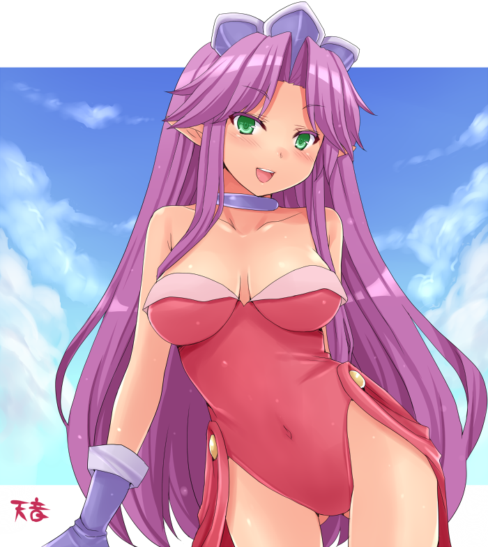 :d angela blue_sky breasts cleavage cloud collar colored_eyelashes crown gloves green_eyes hasu_(hk_works) large_breasts leotard long_hair looking_at_viewer open_mouth pointy_ears purple_gloves purple_hair seductive_smile seiken_densetsu seiken_densetsu_3 sky smile solo