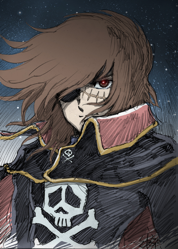 70s 80s brown_eyes brown_hair cape face harlock harlock_saga jolly_roger male oldschool portrait scar shijoh shijou_yukimasa short_hair skull_and_crossbones sky solo space_pirate star_(sky) starry_sky uchuu_kaizoku_captain_harlock