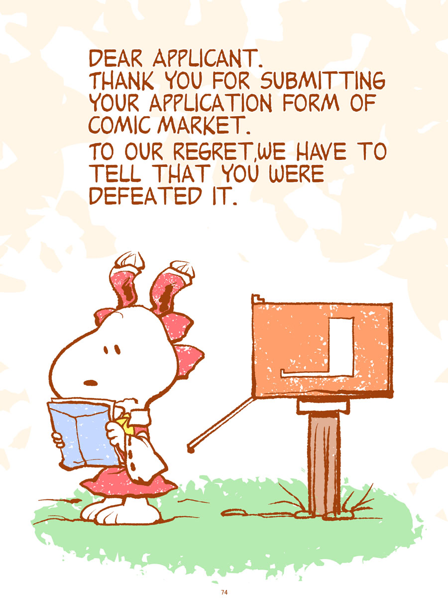 bow chamupei charles_schulz_(style) comic detached_sleeves dress engrish hair_bow hakurei_reimu highres mail mailbox no_humans peanuts ranguage reading red_dress snoopy solo touhou