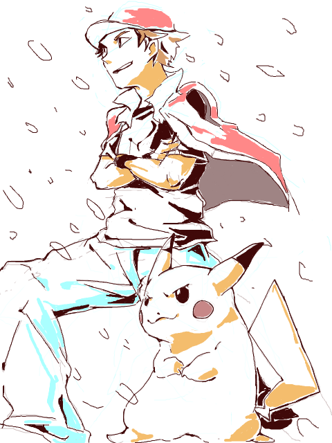 1boy baseball_cap brown_hair hat male pikachu pokemon pokemon_(creature) pokemon_(game) pokemon_frlg red_(pokemon) red_(pokemon)_(remake) smile snowing tegaki