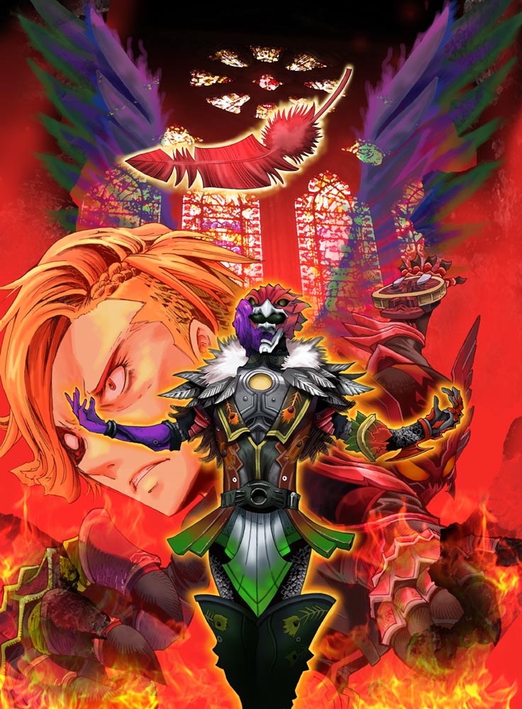armor belt blonde_hair claws feathers fire glowing izumi_shingo kamen_rider kamen_rider_ooo kamen_rider_ooo_(series) lost_ankh monster outstretched_arms saturn-freak spikes spread_arms stained_glass taja_spinner tajador_(ooo_combo) window windows wings