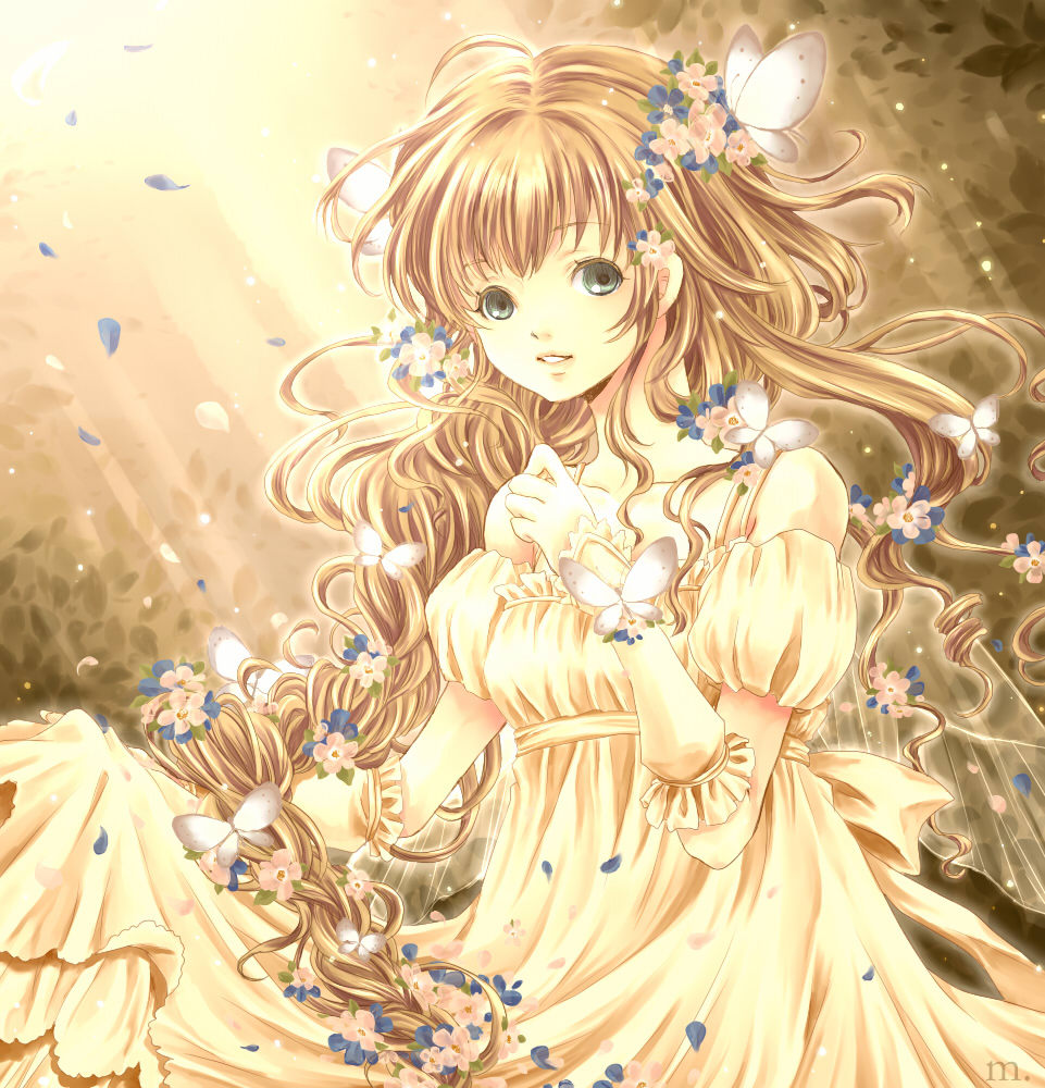 arm_warmers bare_shoulders brown_hair butterfly collarbone dress flat_chest flower frills green_eyes hair_flower hair_ornament leaf light_particles long_hair looking_at_viewer mi8_(miya38mi8) monochrome original parted_lips petals puffy_sleeves sash see-through sepia skirt_hold smile solo sunbeam sunlight very_long_hair watermark