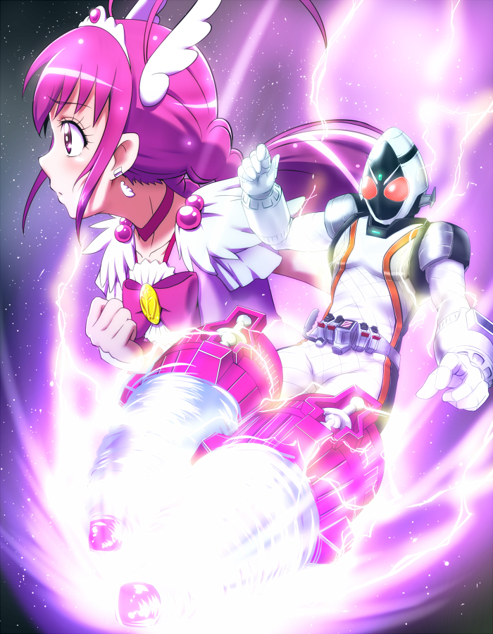 1boy 1girl belt blush bow choker crossover cure_happy drill earrings electricity female glowing head_wings hoshizora_miyuki jewelry kamen_rider kamen_rider_fourze kamen_rider_fourze_(series) kicking long_hair magical_girl male pink_eyes pink_hair precure red_eyes smile_precure! star_(sky) tiara tj-type1 twintails