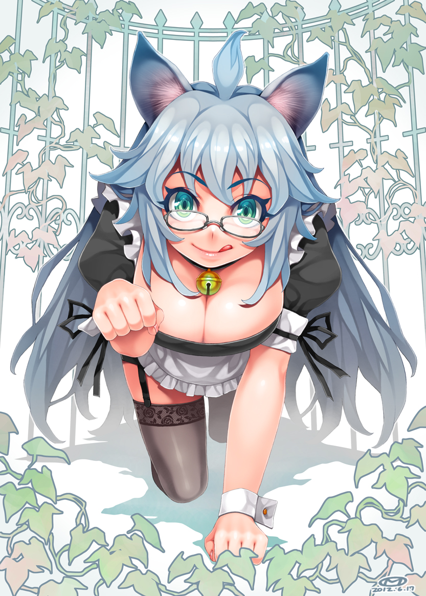 :q ahoge all_fours animal_ears apron aqua_eyes bell blue_hair breasts cat_ears cleavage copyright_request garter_straps glasses green_eyes happa_(cloverppd) long_hair maid original solo thigh-highs thighhighs tongue very_long_hair wrist_cuffs