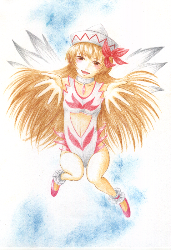 alternate_costume angel_leotard ankle_cuffs brown_eyes brown_hair choker colored_pencil_(medium) foreshortening hat leotard lily_white navel navel_cutout reaching sky solo tosihakikumanori touhou traditional_media wings