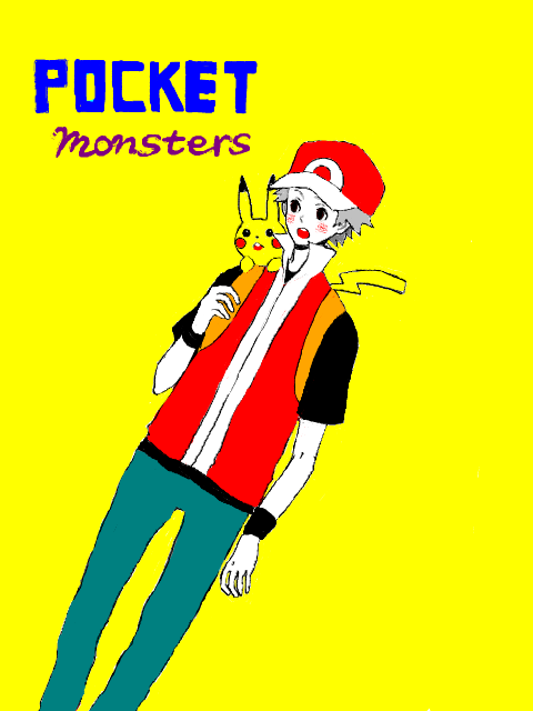 ahiru_(tegaki) backpack bag baseball_cap brown_hair hat holding male open_mouth pikachu pokemon pokemon_(game) pokemon_frlg red_(pokemon) red_(pokemon)_(remake) solo tegaki yellow_background