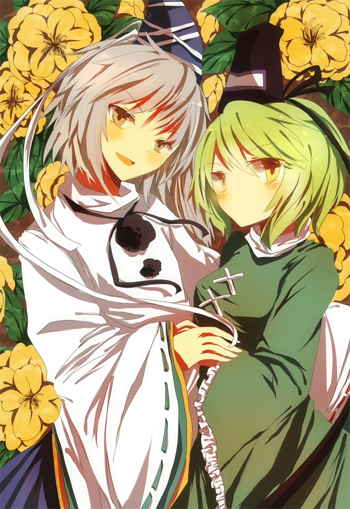 blush dress floral_background flower_request frown green_dress green_hair hands_together hat head_tilt japanese_clothes kmkr leaf long_hair long_sleeves looking_at_viewer mononobe_no_futo multiple_girls open_mouth pom_pom_(clothes) ponytail short_hair silver_hair smile soga_no_tojiko tate_eboshi touhou wide_sleeves yellow_eyes yuri