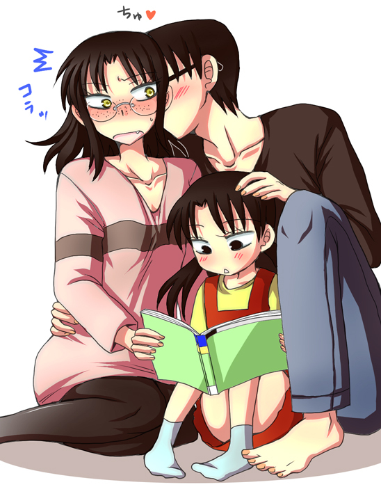 2girls adult age_difference black_hair blush cheek_kiss couple family fang father_and_daughter female_protagonist_(houkago_play_2) freckles glasses houkago_play husband_and_wife kiss long_hair male_protagonist_(houkago_play_2) mizuno_yuuki mother_and_daughter multiple_girls pantyhose short_hair spoilers twintails