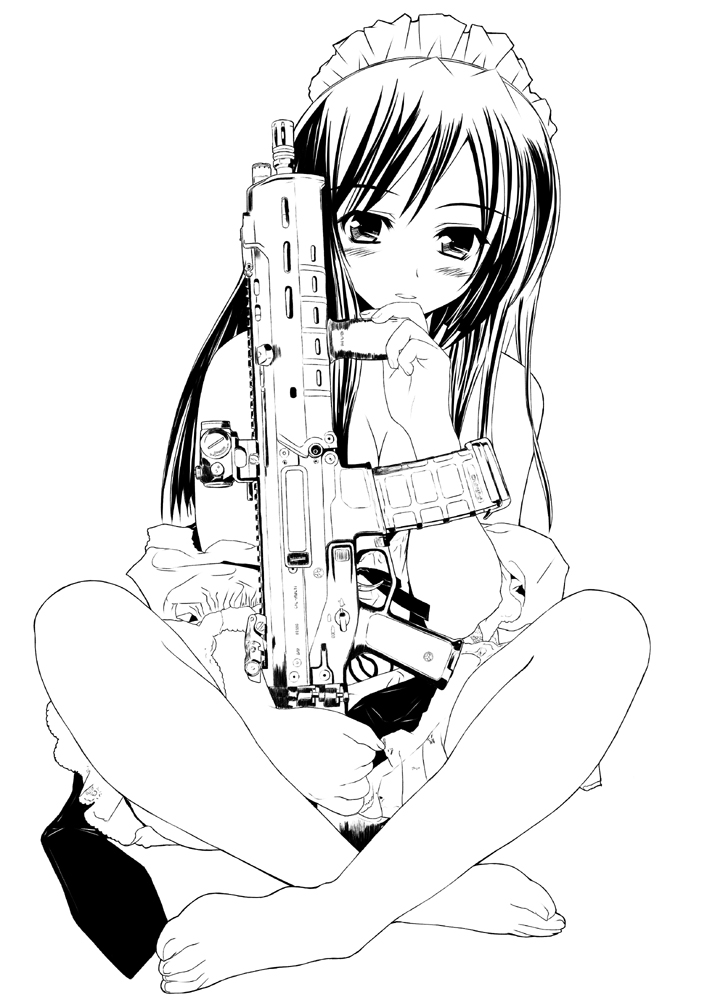 assault_rifle barefoot blush bushmaster_acr censored convenient_censoring crossed_legs feet gun legs_crossed long_hair looking_at_viewer maid maid_headdress monochrome open_mouth original pettaka ribbon rifle sitting solo vertical_foregrip weapon