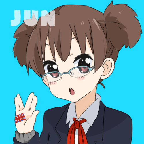 bespectacled brown_eyes brown_hair glasses k-on! lowres school_uniform short_hair short_twintails sunameri_oishii suzuki_jun twintails union_jack vulcan_salute