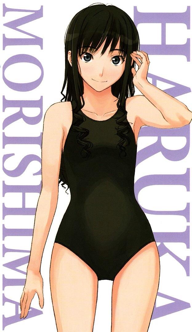 amagami artist_request black_hair character_name curly_hair jpeg_artifacts long_hair morishima_haruka one-piece_swimsuit smile solo swimsuit takayama_kisai