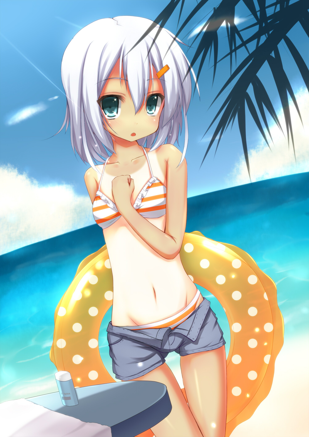 :o aqua_eyes bikini blush dark_skin deodorant frilled_bikini frills hair_ornament hairclip hand_on_own_chest highres if if_(asita) innertube looking_at_viewer mizugi mound_of_venus navel open_fly original shiny shiny_skin short_shorts shorts silver_hair solo striped striped_bikini striped_swimsuit swimsuit tan tanline tanlines tanned thigh_gap unzipped