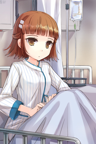 bangs bed blunt_bangs brown_eyes brown_hair expressionless hair_ornament hairpin half_updo hospital_bed intravenous_drip lowres lucca sitting striped sword_girls