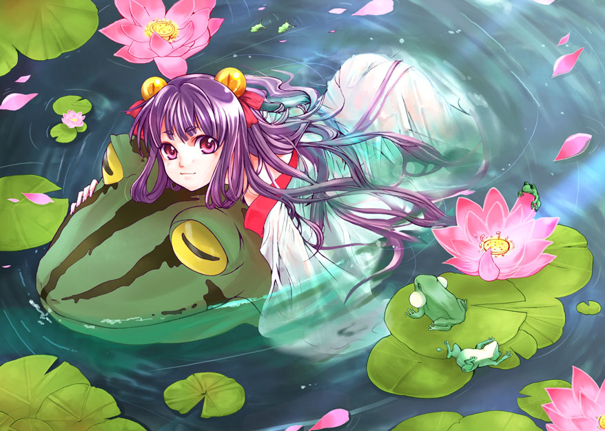 afloat animal ass flower frog hair_ornament kiriga_naina lily_pad long_hair looking_at_viewer lotus lying minigirl off_shoulder on_stomach original oversized_animal partially_submerged petals pink_eyes purple_eyes purple_hair riding see-through smile solo very_long_hair violet_eyes water wet wet_clothes