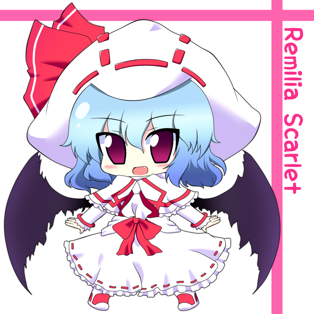 ascot bat_wings blue_hair blush bracelet capelet chibi curiosities_of_lotus_asia fang hasewox hat jewelry long_sleeves open_mouth purple_eyes remilia_scarlet short_hair solo touhou vampire violet_eyes wings