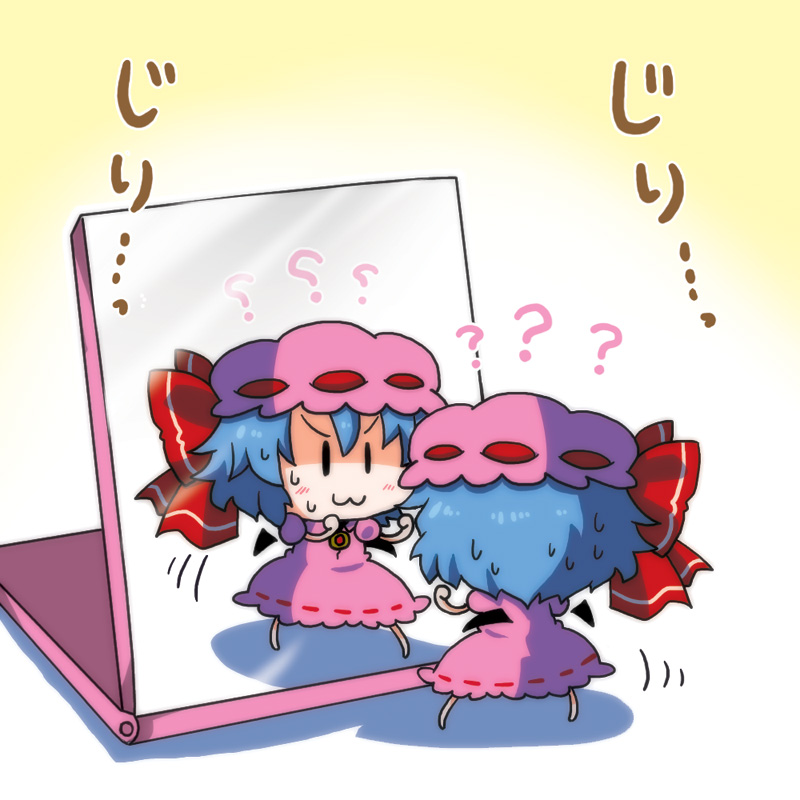 &gt;:3 :3 ? bat_wings blue_hair blush chibi clenched_hands confused detached_wings different_reflection dress fighting_stance hat hat_ribbon mini_wings minigirl mirror noai_nioshi reflection remilia_scarlet ribbon short_hair solo touhou wings