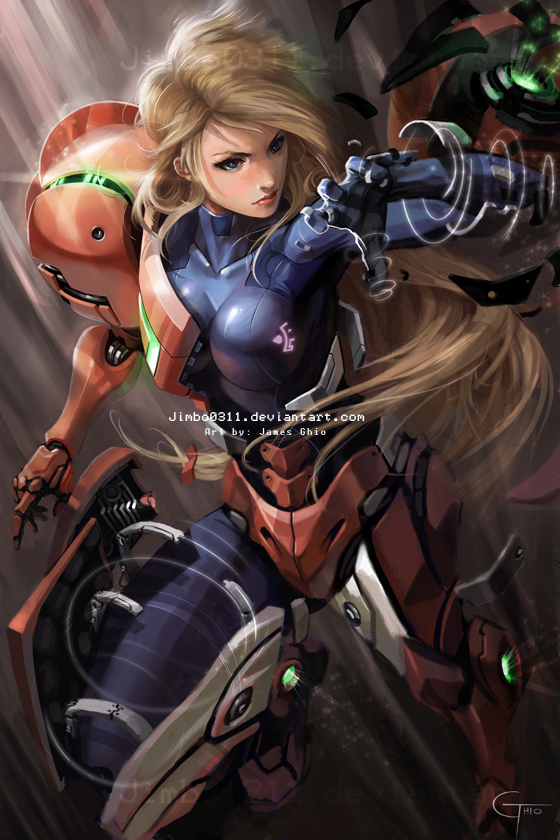 armor blonde_hair blue_eyes bodysuit breasts james_ghio large_breasts lips long_hair metroid nintendo ponytail samus_aran signature skin_tight varia_suit very_long_hair watermark zero_suit