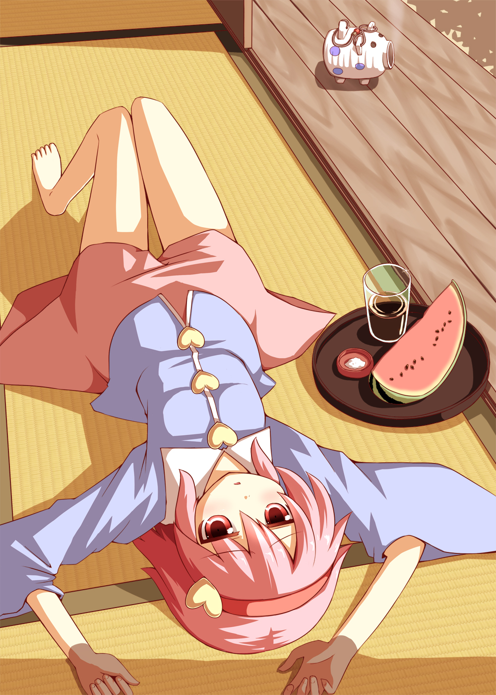 bare_legs barefoot blush drinking_glass food fruit hairband heart highres katori_buta komeiji_satori lying melon ominaeshi_(takenoko) on_back on_floor on_ground open_door pink_eyes pink_hair shirt short_hair skirt solo tatami touhou tray upside-down veranda watermelon