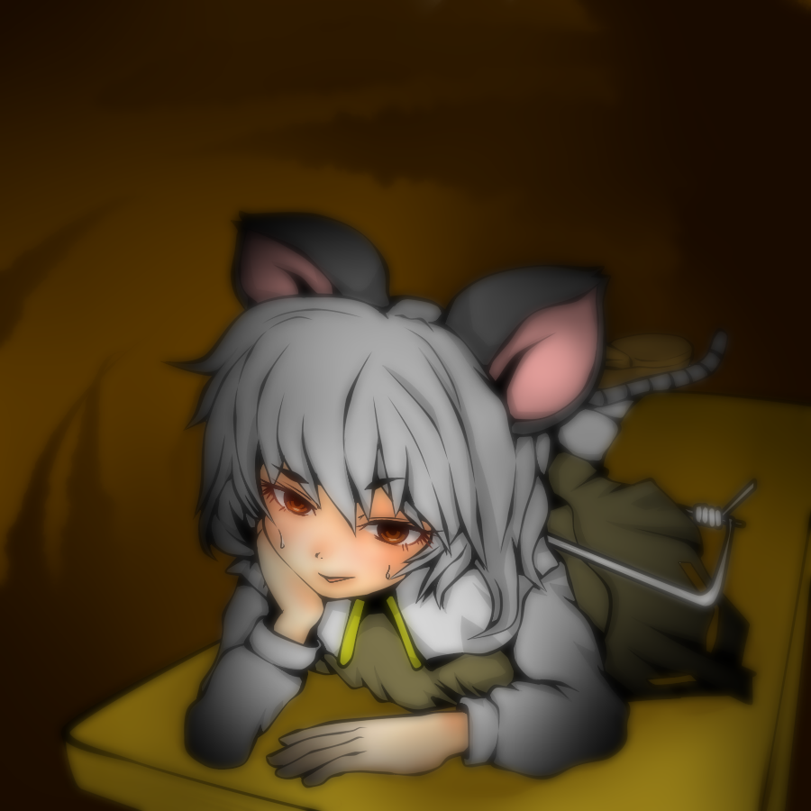 animal_ears blurry brown_background capelet grey_hair head_rest leg_up long_sleeves looking_at_viewer lying machi_no_dakashiya minigirl mouse_ears mouse_tail mousetrap nazrin on_stomach parted_lips red_eyes short_hair skirt solo sweat tail touhou vest