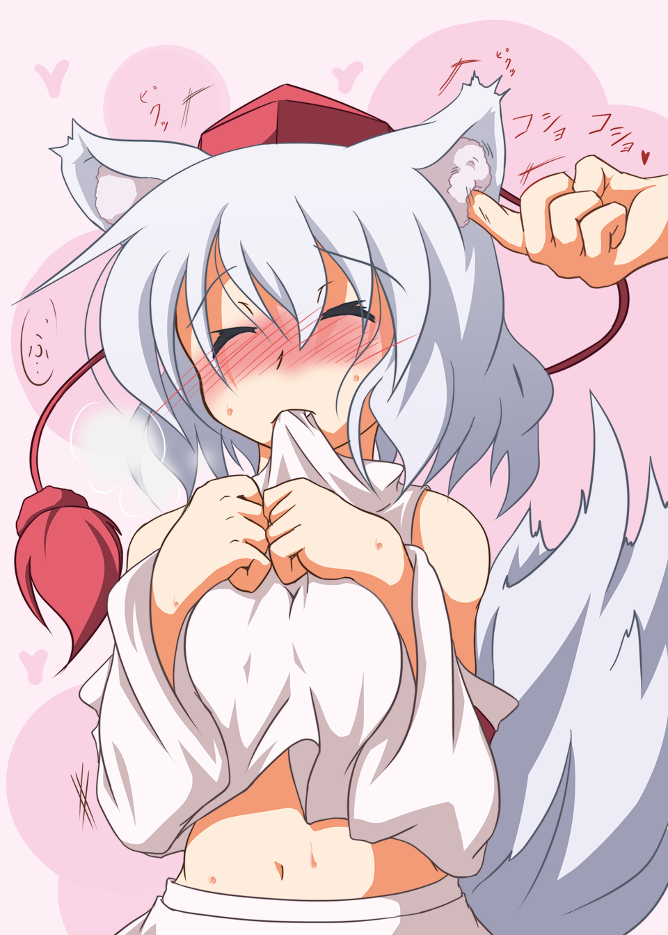 animal_ears blush breast_squeeze breasts closed_eyes eargasm eyes_closed fang hands_on_own_chest hat hat_ribbon heavy_breathing highres inubashiri_momiji midriff mouth_hold navel poking ribbon shirt shirt_bite short_hair silver_hair skirt solo sumikaze_midi tail tokin_hat touhou wolf_ears wolf_tail