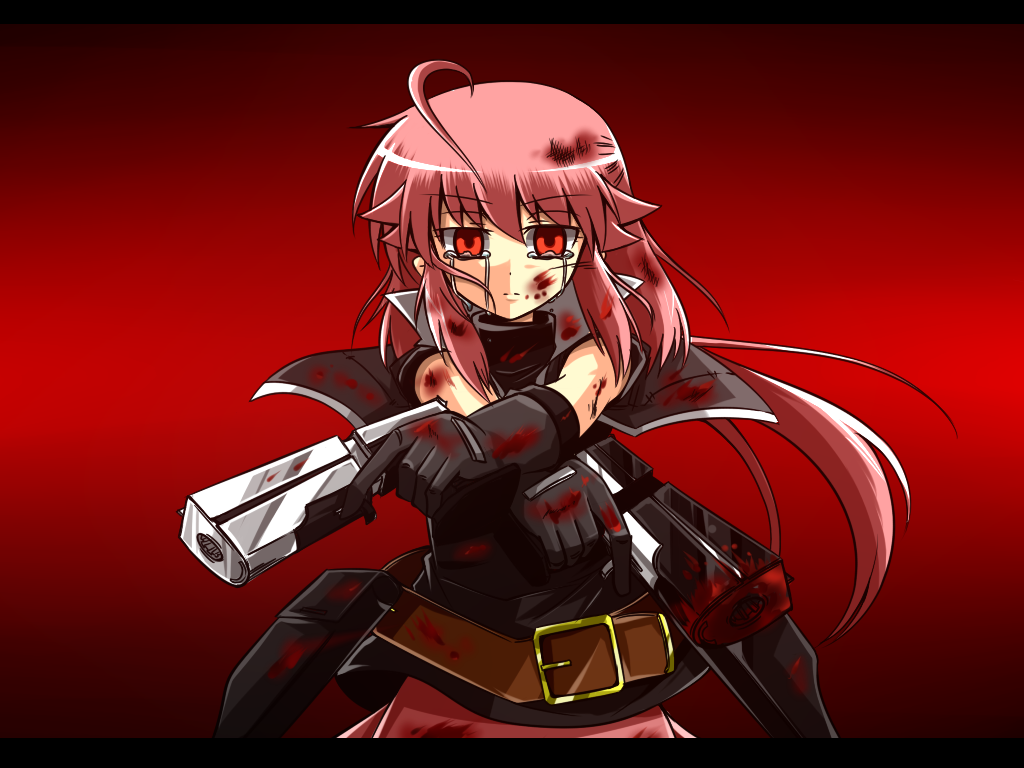 belt blood blood_on_face blood_on_hair bloody_clothes bust dual_wielding empty_eyes gangsta_hold gloves gun holster letterboxed long_hair pink_hair pistol pixiv_fantasia pixiv_fantasia_sword_regalia red_eyes sora_no_amagumo tears weapon