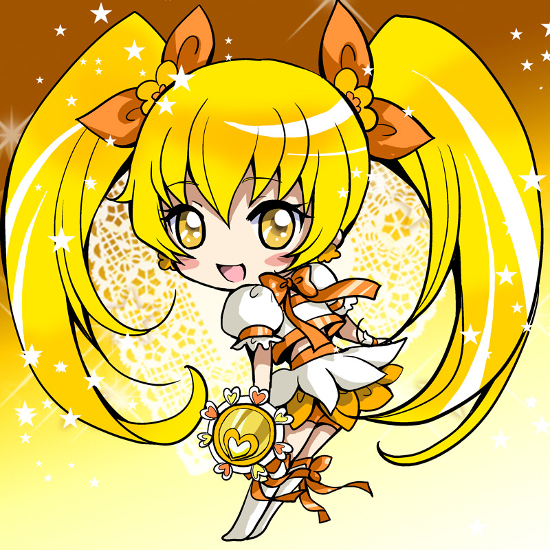 bike_shorts blonde_hair blush_stickers boots chibi cure_sunshine heartcatch_precure! instrument k-zima long_hair looking_back magical_girl myoudouin_itsuki no_nose precure puffy_sleeves shiny_tambourine shorts_under_skirt skirt smile solo star tambourine twintails wrist_cuffs yellow yellow_background yellow_eyes