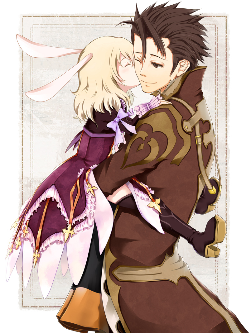 1girl alvin_(tales_of_xillia) animal_ears bad_id blonde_hair bolero boots brown_eyes brown_hair bunny_ears carrying coat cravat cropped_jacket dress elise_lutus frills height_difference kamihara_yuu kiss purple_legwear short_hair smile tales_of_(series) tales_of_xillia thigh-highs thigh_boots thighhighs wink