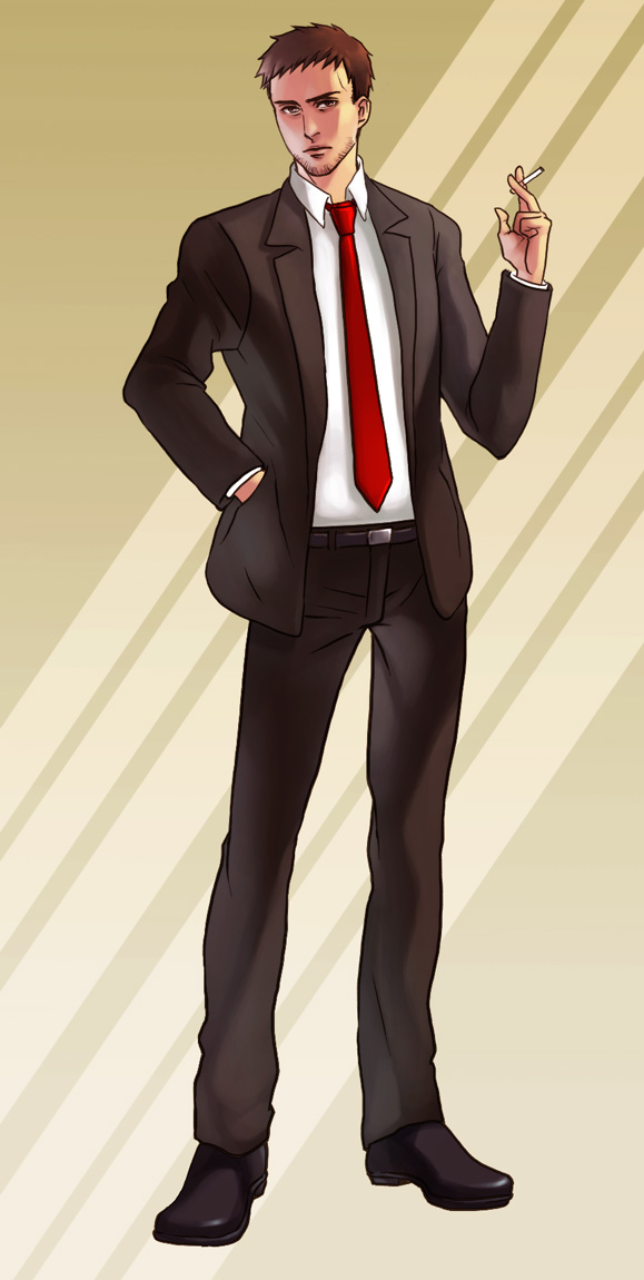 brown_hair cigarette doujima_ryoutarou facial_hair formal magatsumagic male necktie persona persona_4 solo stubble suit