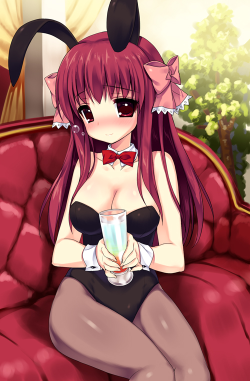 amane_(dream_c_club) animal_costume animal_ears bare_shoulders blush bow breasts bubble bunny_costume bunny_ears bunny_girl bunnysuit collarbone couch dream_c_club emily_(pure_dream) glass hair_bow large_breasts long_hair looking_at_viewer pantyhose plant rabbit_ears sitting smile wrist_cuffs