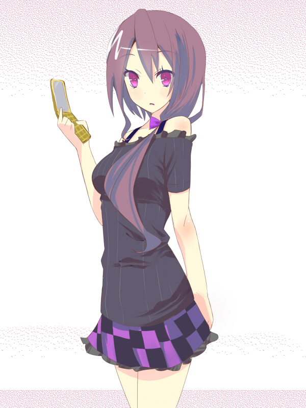 alternate_costume alternate_hairstyle bare_shoulders brown_hair cellphone checkered checkered_skirt contemporary himekaidou_hatate legs long_hair looking_at_viewer miniskirt phone purple_eyes q_(a72pgc) skirt solo touhou violet_eyes