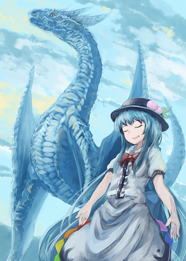 blouse blue_hair bow bust buttons closed_eyes cloud clouds dragon eastern_dragon eyes_closed food fruit hat hinanawi_tenshi leaf long_hair open_hands open_mouth peach short_sleeves skirt sky solo standing touhou very_long_hair yagi_(sinnsyou)