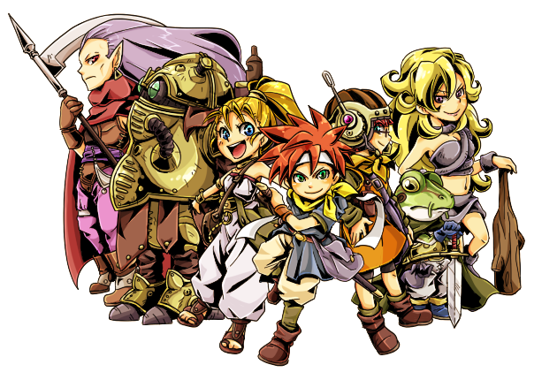 ayla blonde_hair blue_eyes cape chibi chrono_trigger club crono earrings everyone glasses green_eyes hat headband jewelry kaeru_(chrono_trigger) lucca_ashtear magus marle multiple_girls navel nekoichi open_mouth pale_skin ponytail purple_eyes purple_hair red_eyes red_hair redhead robo robot scythe smile standing sword violet_eyes weapon yellow_eyes